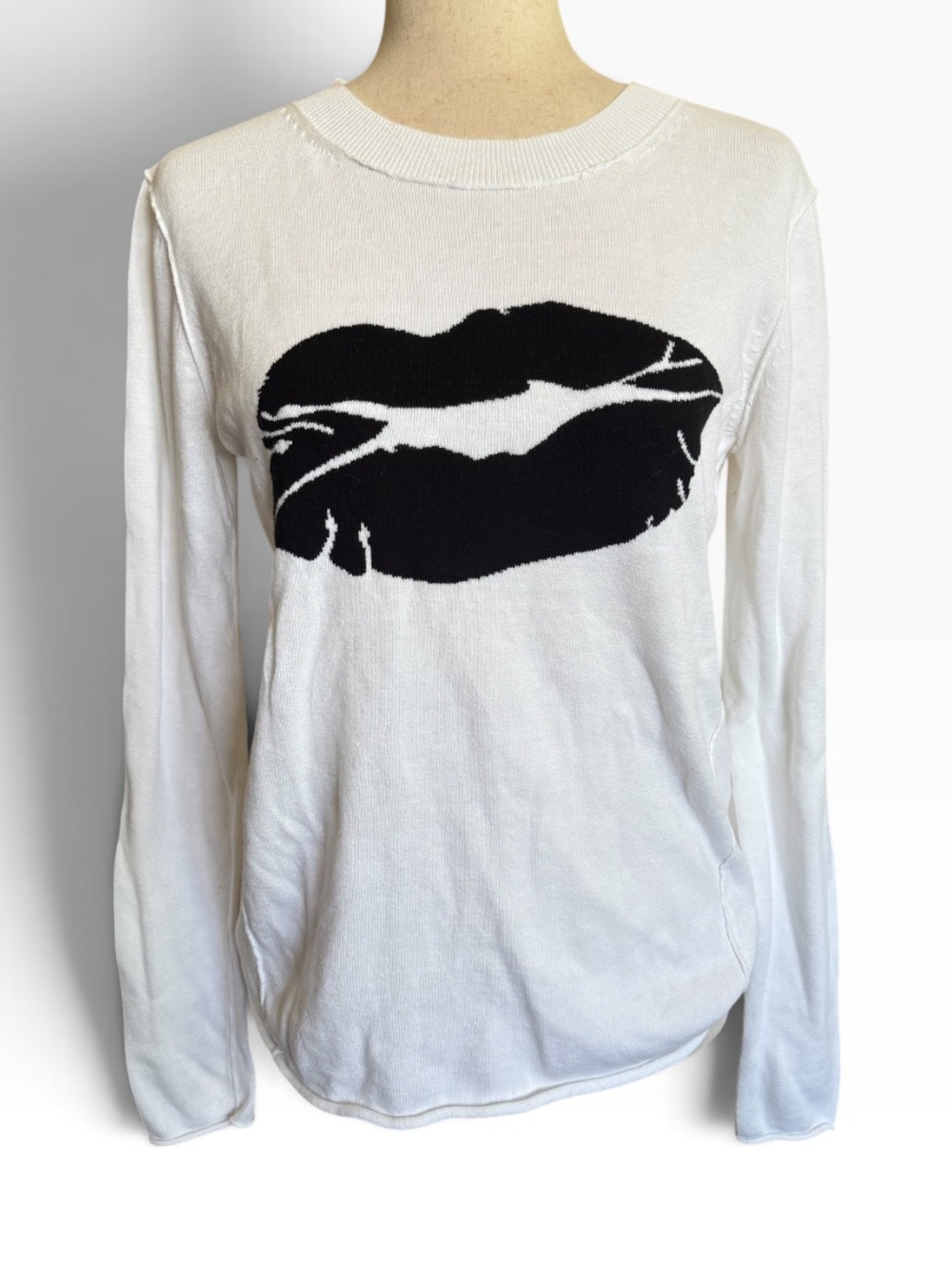 Lisa Todd Kiss & Tell White Long-Sleeve Knit Top with Black Lip Graphic